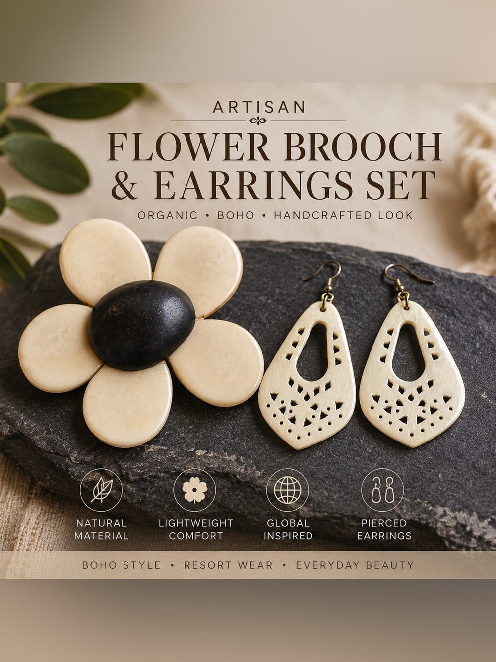 Boho Artisan Natural Tagua Style Flower Brooch & Earrings Set